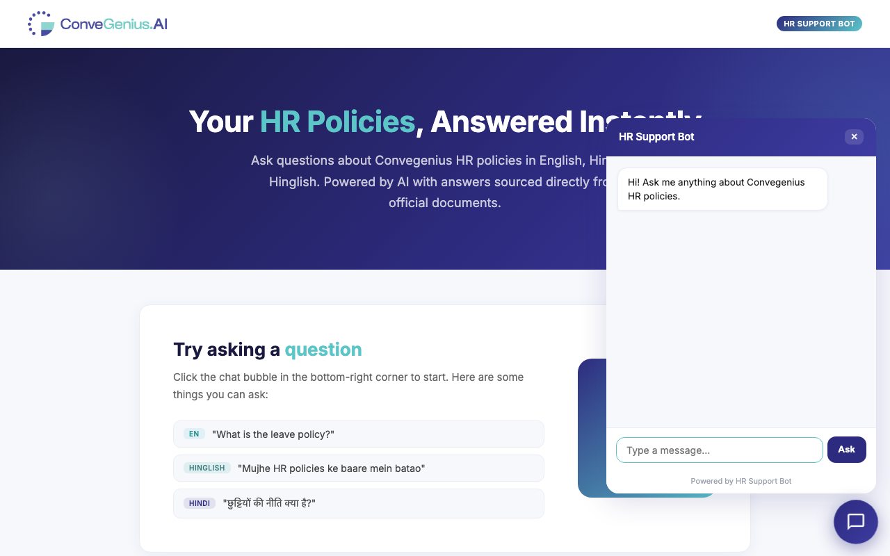 ConveGenius HR policy assistant with its chat panel open