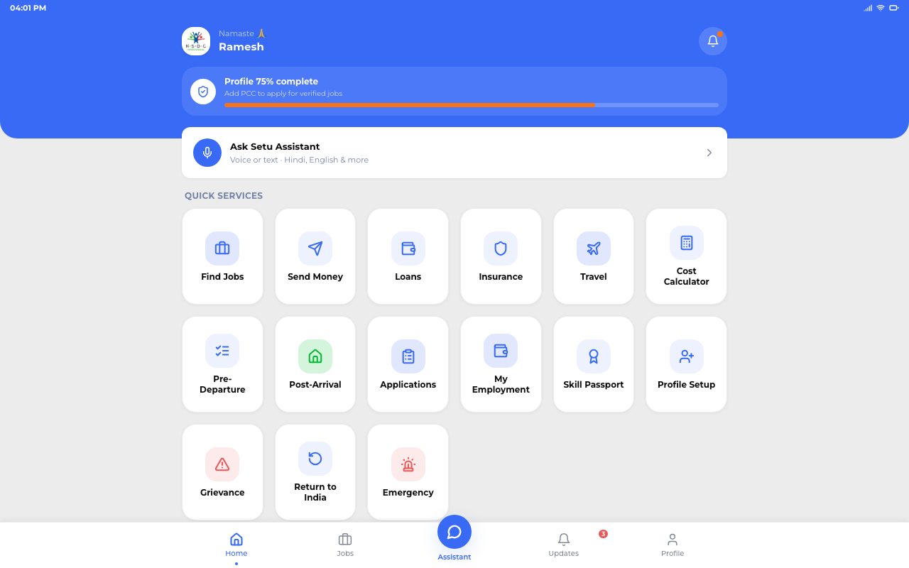 Pravasi Setu demo home with jobs, remittances, skill passport and support services
