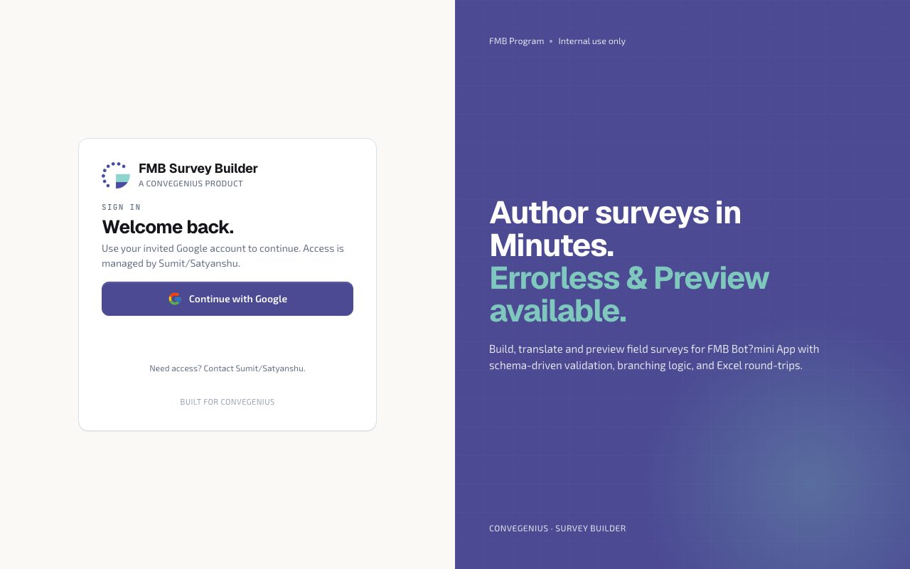 FMB Survey Builder welcome screen with Google sign-in and survey authoring introduction